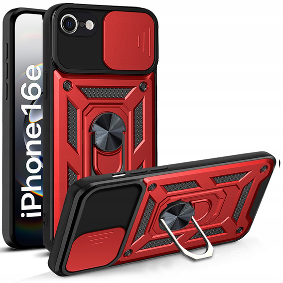 Páncélozott tok iPhone 16E, CamShield Slide, piros + edzett üveg 9H