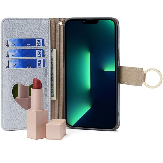 Flip tok iPhone 15, Wallet Zipper Pocket, tükörrel, kék