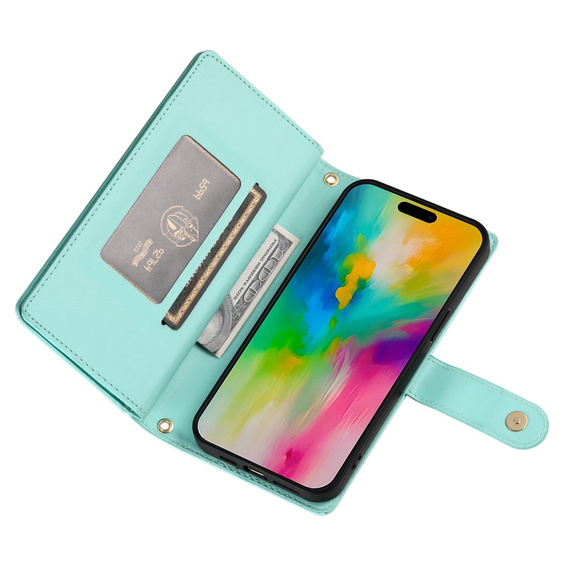 Pattintható tok a iPhone 16 Pro, Wallet Zipper Pocket, zöld