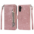 Pattintható tok a Samsung Galaxy A35 5G, Wallet Zipper Pocket Glittery, rózsaszín rose gold