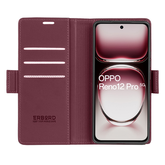 Tok Oppo Reno 12 Pro, ERBORD Glossy Litchi, pénztárca patenttal, piros