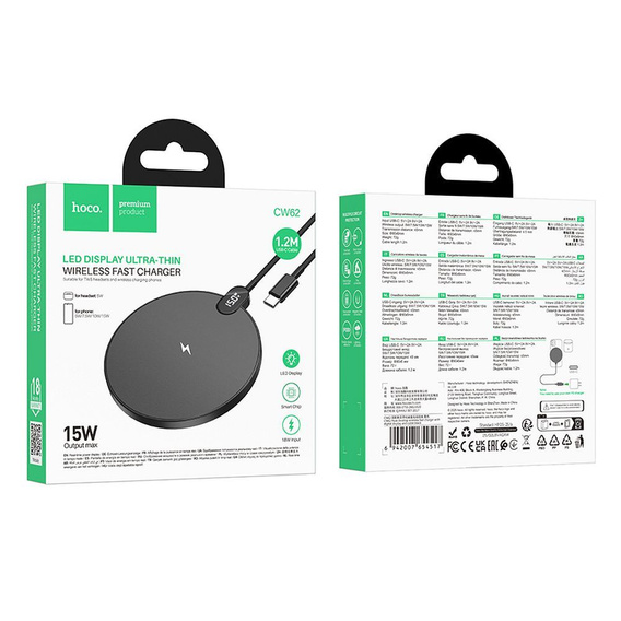 Induktív töltő LED kijelzővel, 15 W