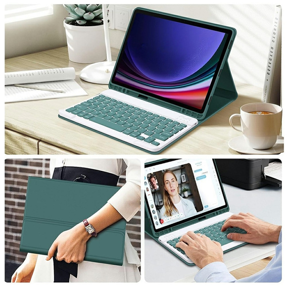 Tok + billentyűzet Samsung Galaxy Tab S9 FE, Leather Pen Slot, sötétzöld