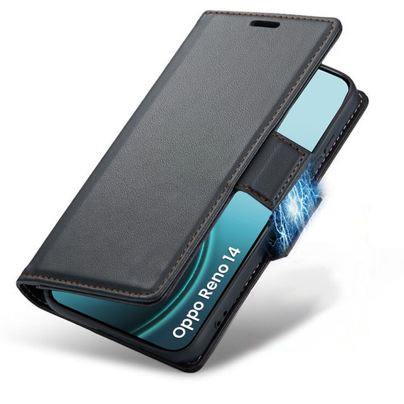 Tok Oppo Reno 14, ERBORD Glossy Litchi, pénztárca patenttal, fekete