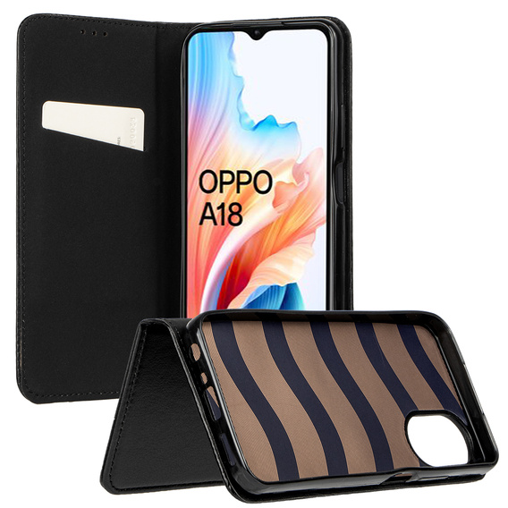 Pattintható tok a Oppo A18 4G / A38 4G, Smart Magnetic, fekete + 9H üveg 
