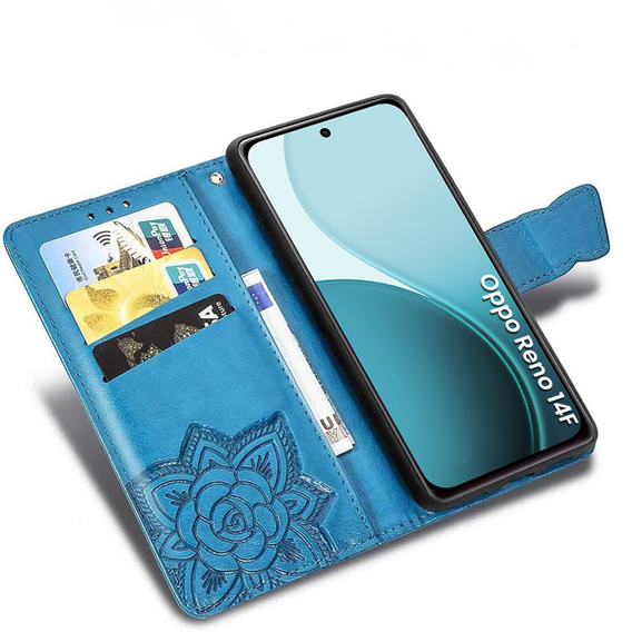 Pattintható tok Oppo Reno 14F, pénztárca, Butterfly, kék