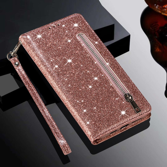 Pattintható tok a Samsung Galaxy A56 5G, Wallet Zipper Pocket Glittery, rózsaszín rose gold