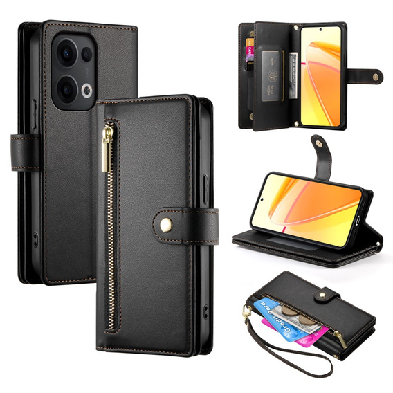 Pattintható tok a Oppo Reno 13 5G, Wallet Zipper Pocket, fekete
