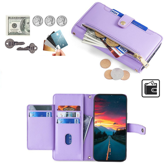 Pattintható tok a Realme 14 Pro+ 5G, Wallet Zipper Pocket, lila