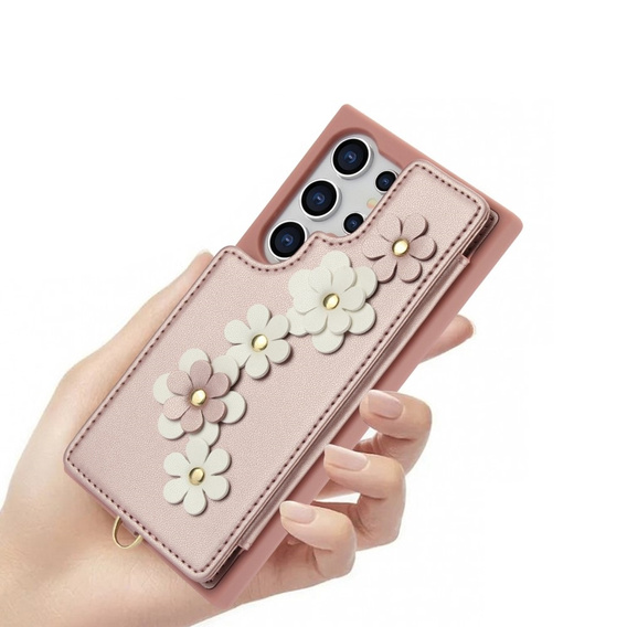 Tok Samsung Galaxy S24 Ultra, Leather Flower Card Slot, rózsaszín