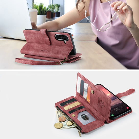 CASEME tok Samsung Galaxy A56 5G, Leather Wallet Cash and Card Slots, pánttal, piros