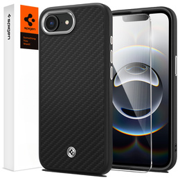 Spigen tok iPhone 16E készülékhez, Enzo Aramid MagSafe, szénfekete + 9H edzett üveg