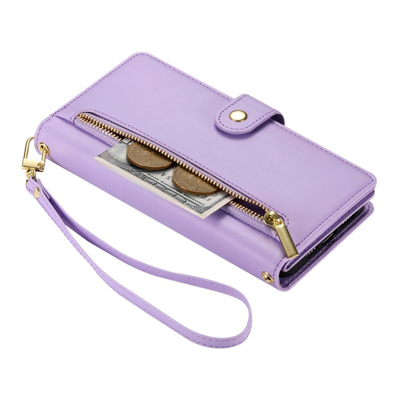 Pattintható tok a iPhone 16, Wallet Zipper Pocket, lila