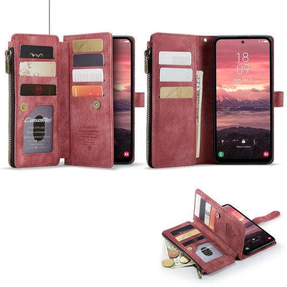 CASEME tok Samsung Galaxy A56 5G, Leather Wallet Cash and Card Slots, pánttal, piros