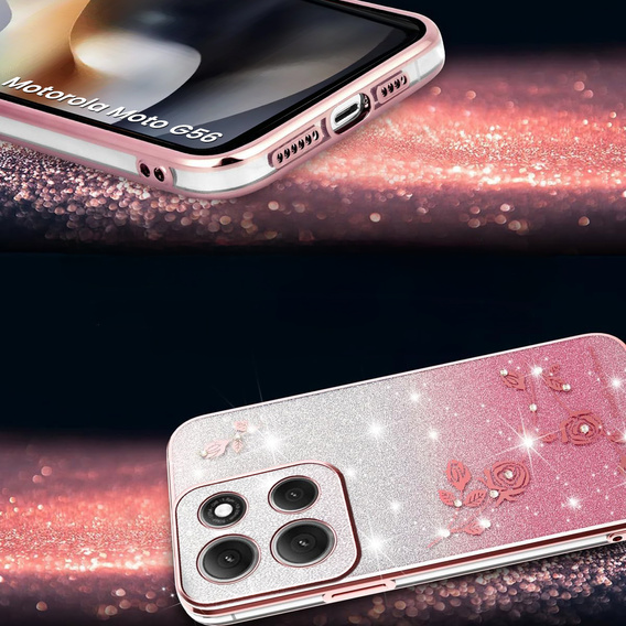 Tok Motorola Moto G56 5G, Glitter Flower, rózsaszín rose gold