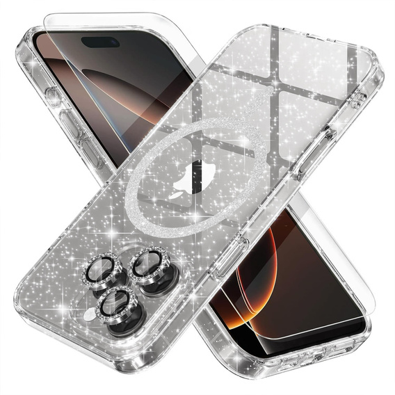 Tok iPhone 16 Pro-hoz, ERBORD Glitter MagSafe, átlátszó + képernyőüveg