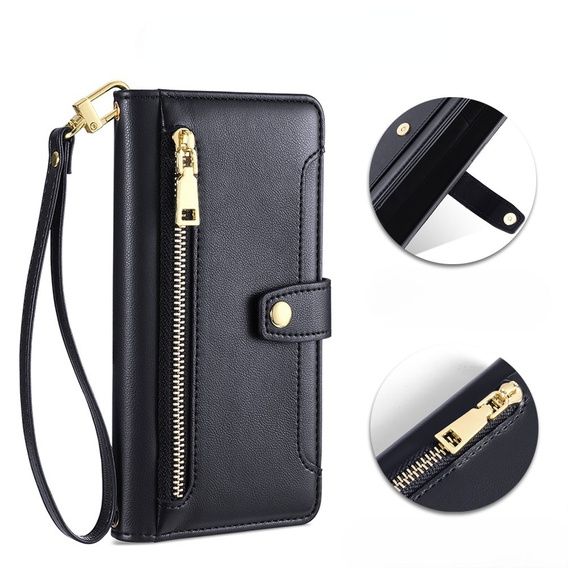 Pattintható tok a Realme 14 Pro 5G, Wallet Zipper Pocket, fekete