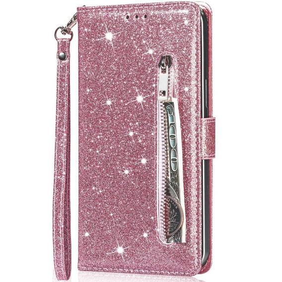 Pattintható tok a Samsung Galaxy A55, Wallet Zipper Pocket Glittery, rózsaszín rose gold
