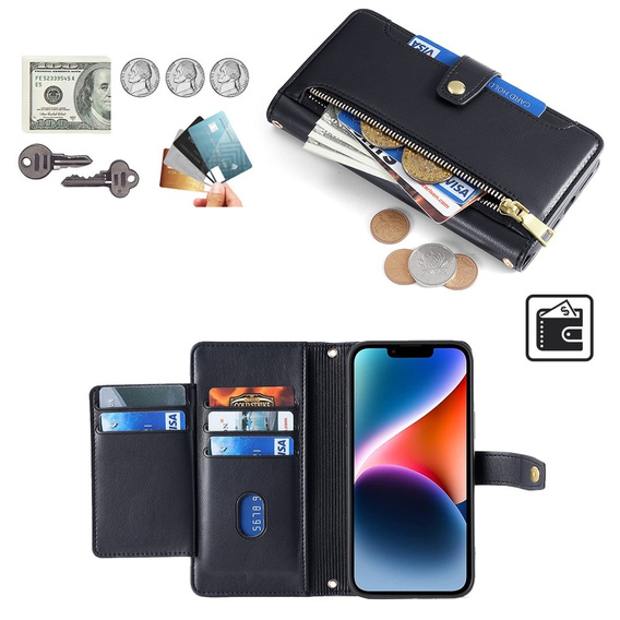 Pattintható tok a iPhone 14, Wallet Zipper Pocket, fekete