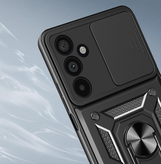 Páncélozott tok Samsung Galaxy A17 5G készülékhez, kameravédelemmel, állvánnyal, fekete