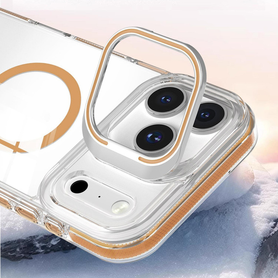 Tok iPhone 17 Pro Max készülékhez, MagSafe, állvánnyal, átlátszó, arany betétekkel