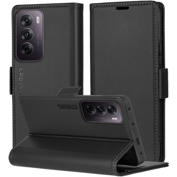 Tok Oppo Reno 12, ERBORD Glossy Litchi, pénztárca patenttal, fekete