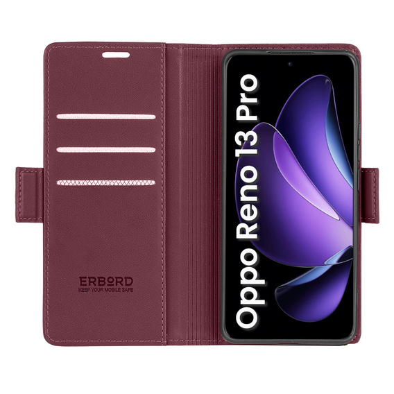 Tok Oppo Reno 13 Pro, ERBORD Glossy Litchi, pénztárca patenttal, piros