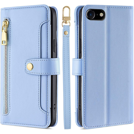 Pattintható tok a iPhone 16E, Wallet Zipper Pocket, kék