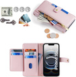 Pattintható tok a iPhone 16E, Wallet Zipper Pocket, rózsaszín
