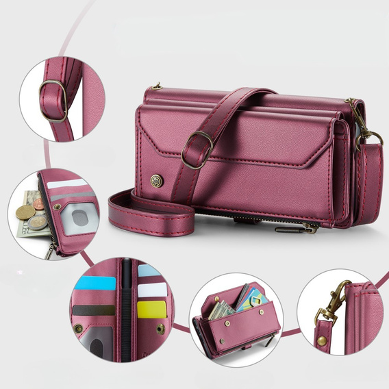 Tok CASEME Samsung Galaxy Z Fold6 5G, RFID Leather Wallet, vállpánttal, piros