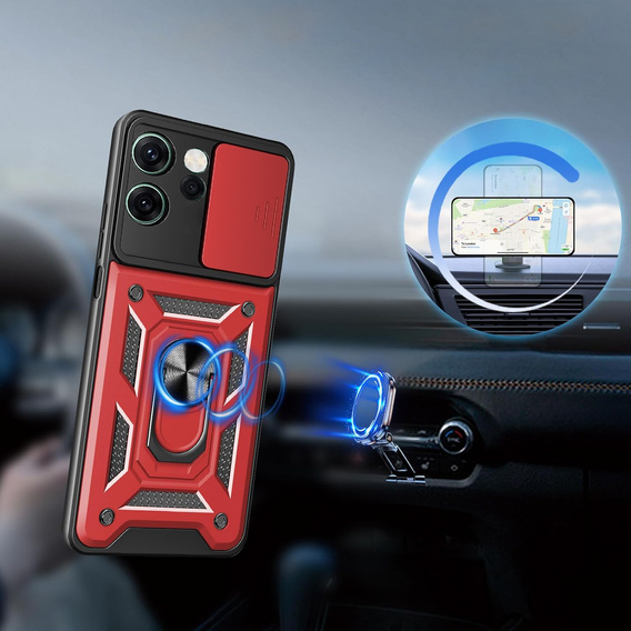 Páncélozott tok Oppo Reno 14F-hez, kameravédelemmel, állvánnyal, piros színű