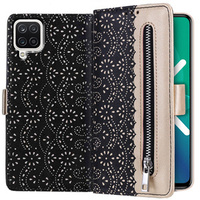 Flap tok Samsung Galaxy A12 / M12 / A12 2021/M12, Wallet Pocket Zipper Lace, fekete