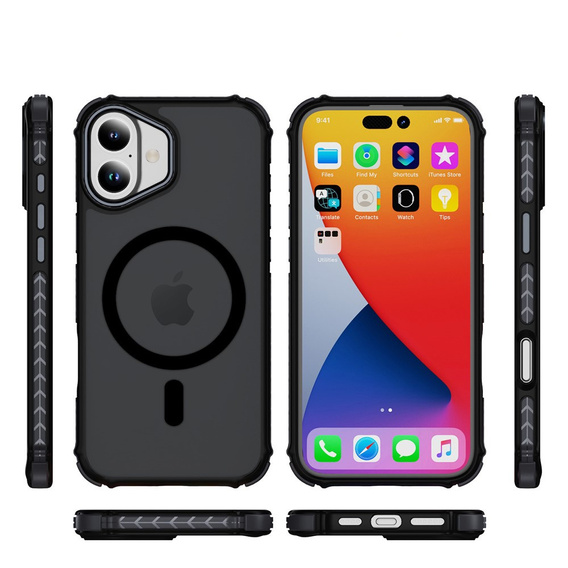 Matt tok iPhone 17 készülékhez, páncélozott, MagSafe-hoz, füstölt, fekete oldallapokkal