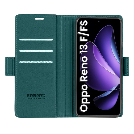 Tok Oppo Reno 13F / Oppo Reno 13FS, ERBORD Glossy Litchi, pénztárca patenttal, zöld