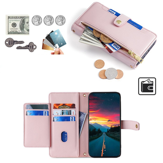 Pattintható tok a Realme 14 Pro+ 5G, Wallet Zipper Pocket, rózsaszín