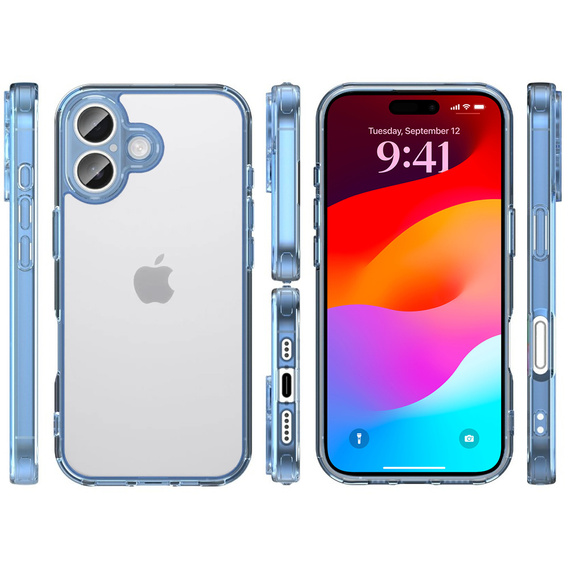 Tok iPhone 17 készülékhez, kamerafedéllel, átlátszó, kék oldallal