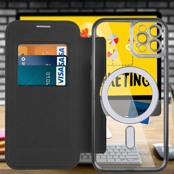 Pattintható tok a iPhone 11 Pro Max, RFID Wallet MagSafe CamShield, fekete