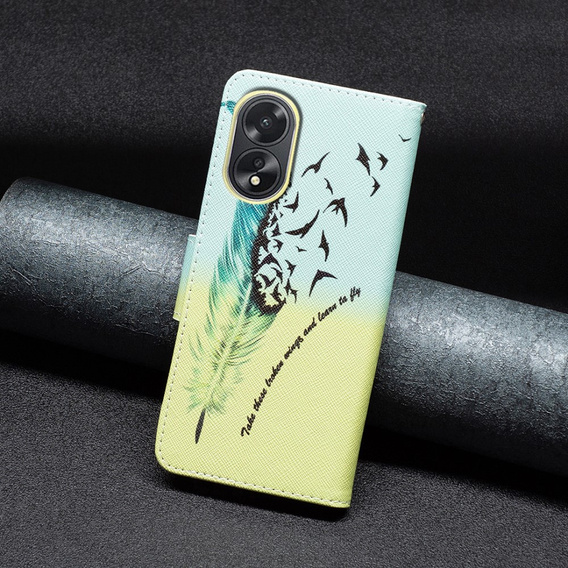 Pattintható tok a Oppo A38 4G / Oppo A18 4G, Wallet, Feather kék / sárga