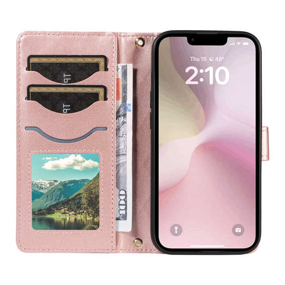 Flap tok iPhone 16E, Rhombus Crossbody Leather, rózsaszín rose gold