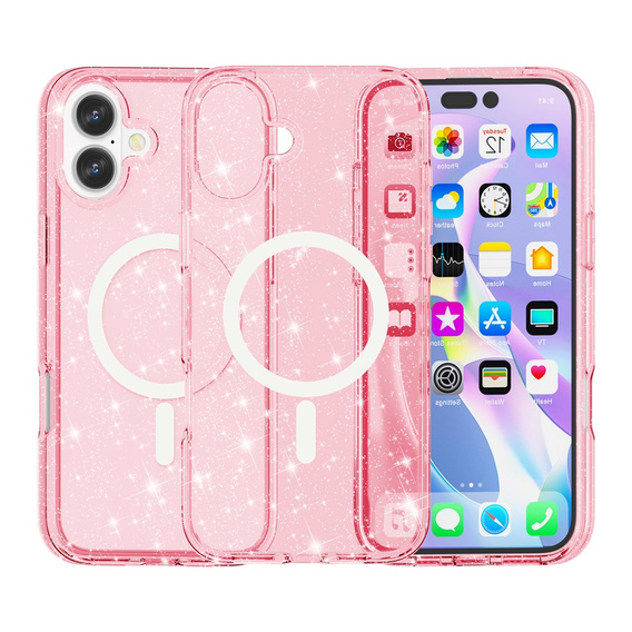 Tok iPhone 17 készülékhez, MagSafe, csillogó, áttetsző rózsaszínű