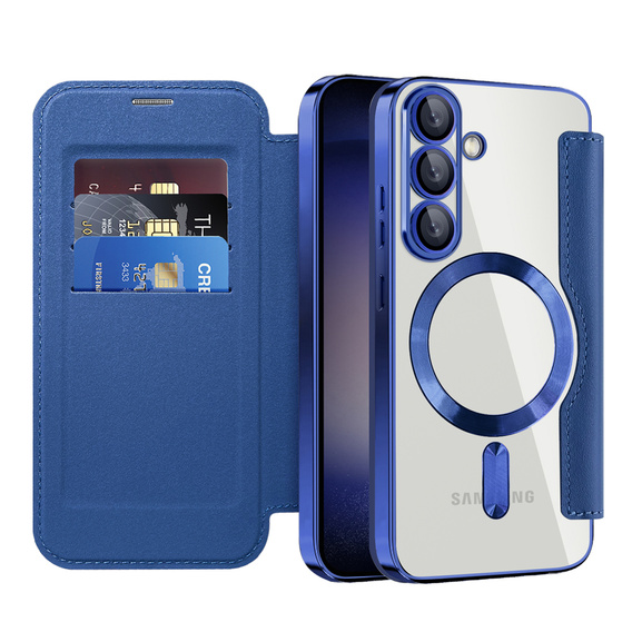 Pántos tok Samsung Galaxy A17 5G, RFID pénztárca, MagSafe, átlátszó / tengerészkék