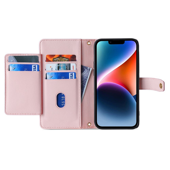 Pattintható tok a iPhone 15, Wallet Zipper Pocket, rózsaszín