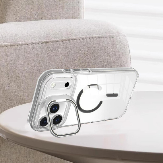Tok iPhone 17 Pro Max készülékhez, MagSafe, állvánnyal, átlátszó, szürke betétekkel