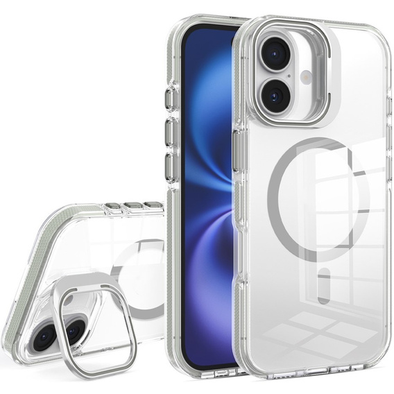 Tok iPhone 17 készülékhez, MagSafe, állvánnyal, átlátszó, szürke betétekkel