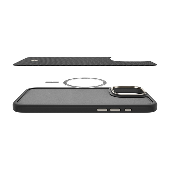 Spigen tok iPhone 16 Pro készülékhez, Enzo Aramid MagSafe, carbon fekete + 9H edzett üveg