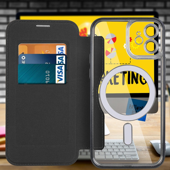 Pattintható tok a iPhone 12, RFID Wallet MagSafe CamShield, fekete