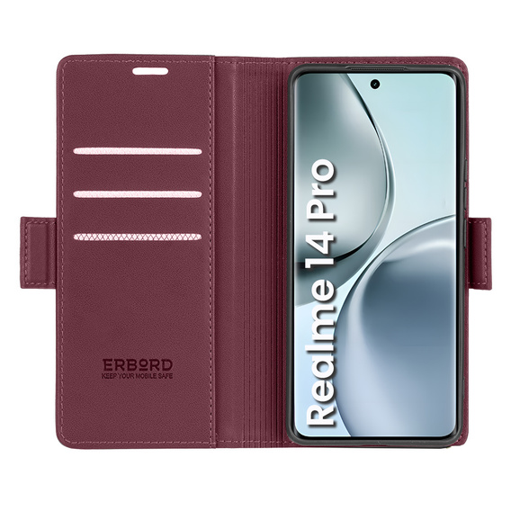 Tok Realme 14 Pro 5G, ERBORD Glossy Litchi, pénztárca patenttal, piros