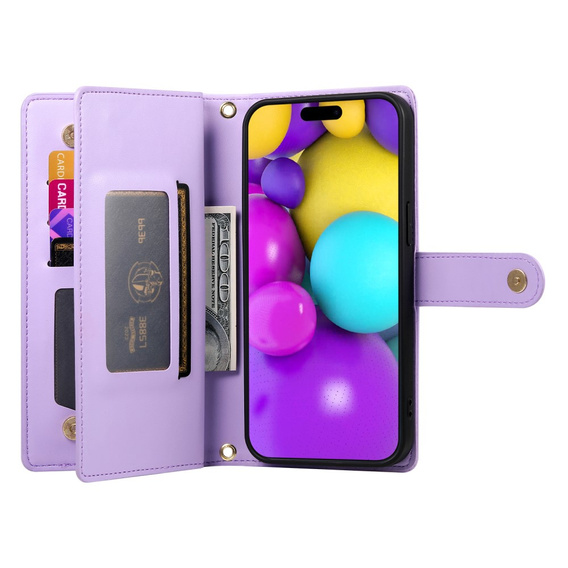 Pattintható tok a iPhone 16, Wallet Zipper Pocket, lila
