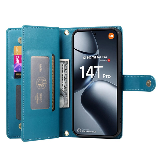 Pattintható tok a Xiaomi 14T Pro, Wallet Zipper Pocket, kék