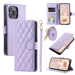 Flap tok iPhone 16 Pro, Rhombus Crossbody Leather, lila